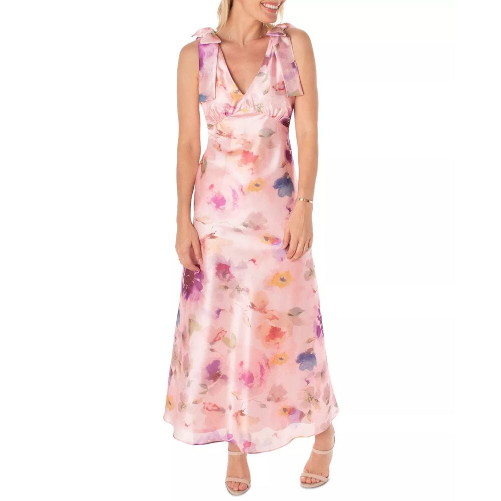 NWT Maison Tara 16 Pink Floral Sleeveless Bow Shoulder Garden Fairy Maxi Dress